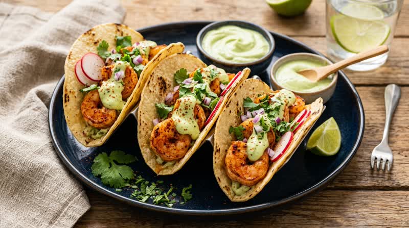 Shrimp Tacos with Avocado Crema
